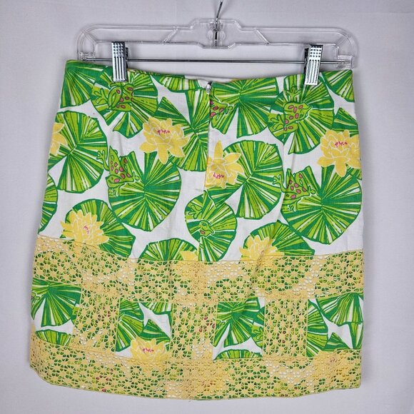 Lilly Pulitzer Hip Hop Hurray Green Yellow Lily Pads Frogs Skirt Yellow Lace - Picture 2 of 11